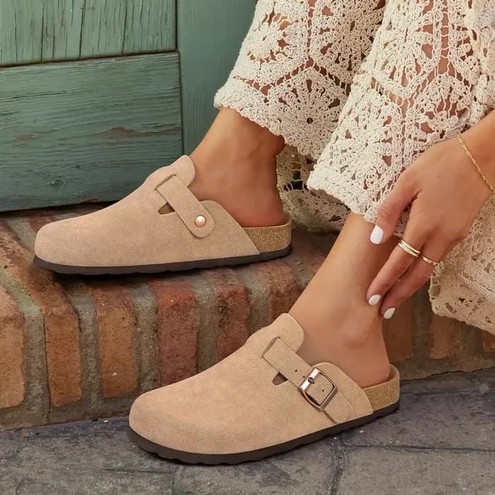 Sabots en daim pour femme Asgard, mules en cuir véritable avec boucle réglable, semelle intérieure en liège confortable et soutien de la voûte plantaire, chaussures pour adulte