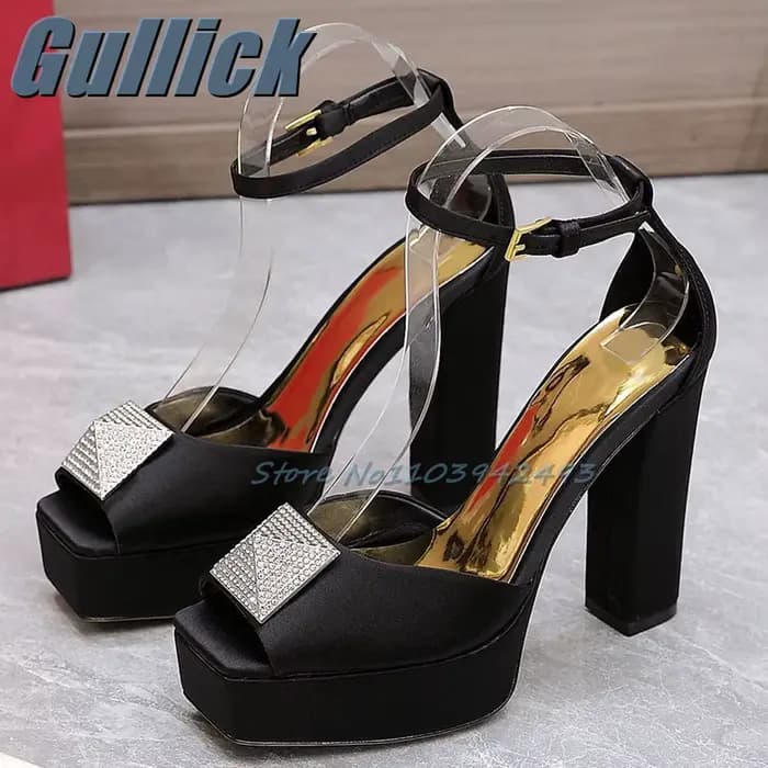 Rivets strass talons plate-forme luxe talon sandales solide bout carré Satin femmes été cheville chaussures talon épais Sandalias