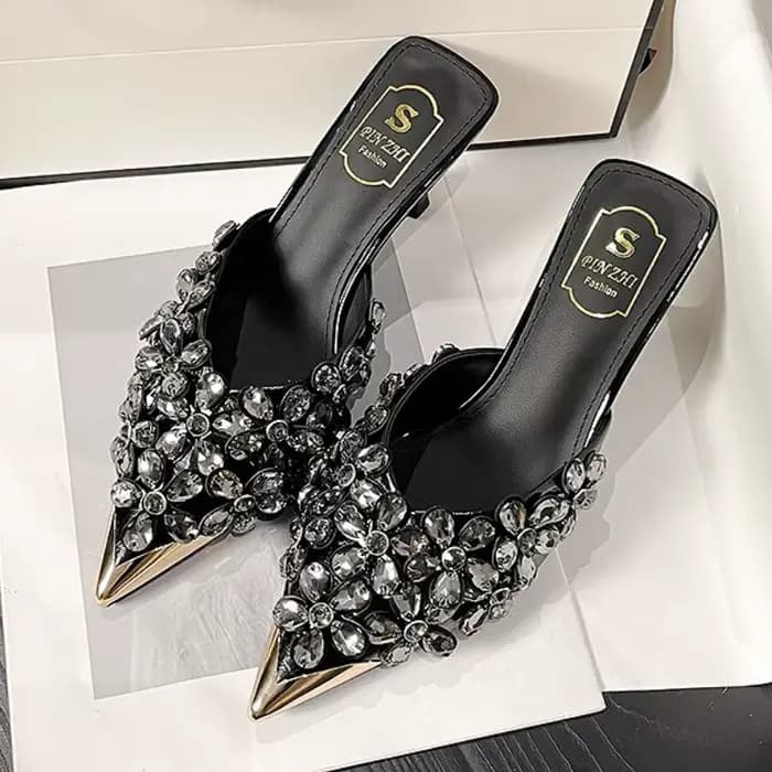 Strass de luxe bout pointu Mules pompes femmes pantoufles été nouvelle mode diapositives concepteur sandales à talons