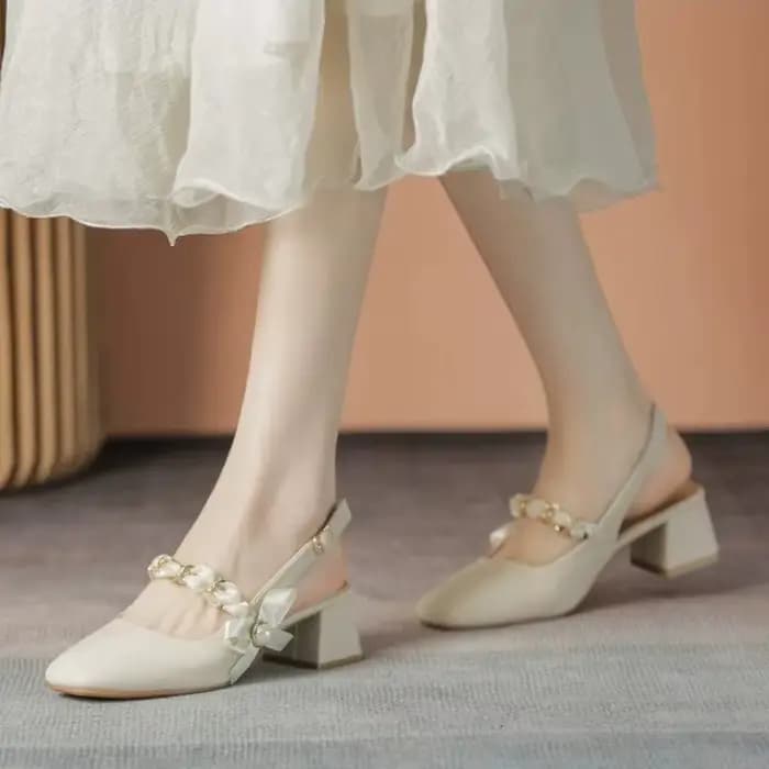 Sandales Mary Jane de style français pour femmes - Décoration perles et nœuds, bout carré, talon carré, bride arrière, confortables pour le quotidien et le bureau