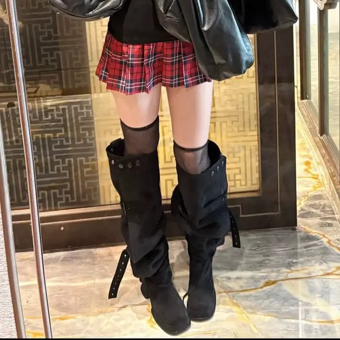 Bottes hautes à talon épais kaki pour femme