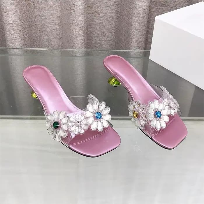 Mules à talon chaton pour femme, sandales à bride transparente en PVC, pantoufles élégantes à bout carré en satin orné de fleurs en cristal, chaussures de soirée et de mariage