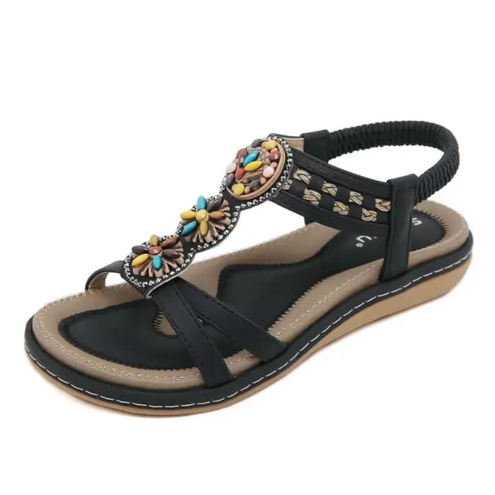 Sandales bohèmes brodées pour femmes avec des perles colorées, style ethnique, talon plat, chaussures d'été pour la plage et les occasions décontractées