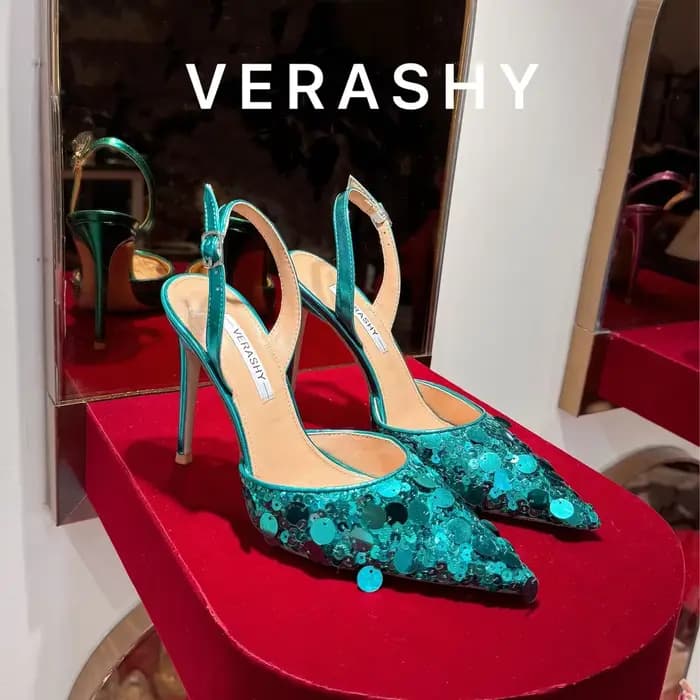 Chaussures rouges à talons hauts pour femmes, nouveau Style avec bouton unique, sangle arrière, paillettes, talon fin, sandales noires pointues de 10cm