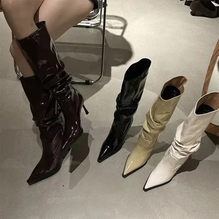 Femmes en cuir bottes hautes Sexy talons hauts bout pointu chaussures femme tendance mode fête Chelsea