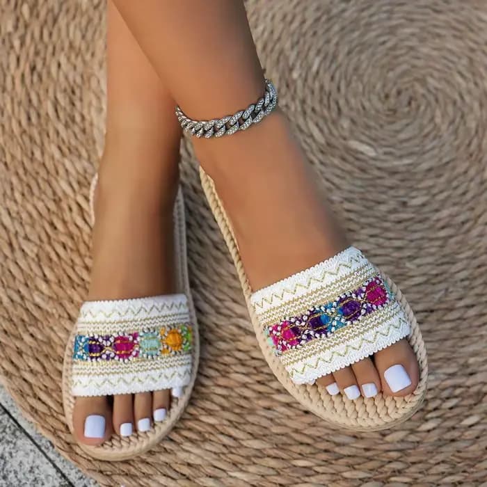 Sandales plates d'extérieur pour femmes, style bohème ethnique, grandes tailles, tendance 2026, avec pompons, pour la plage, Zapatos De Mujer