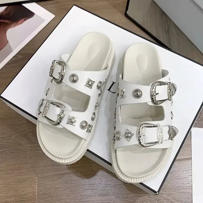 Sandales noires pour femmes Punk pantoufles cloutées boucle décor bout ouvert