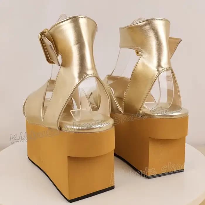 Sandales couleur or plate-forme talon en bois boucle sangle hauteur augmentant mode luxe élégant concis Sexy femmes chaussures bout rond