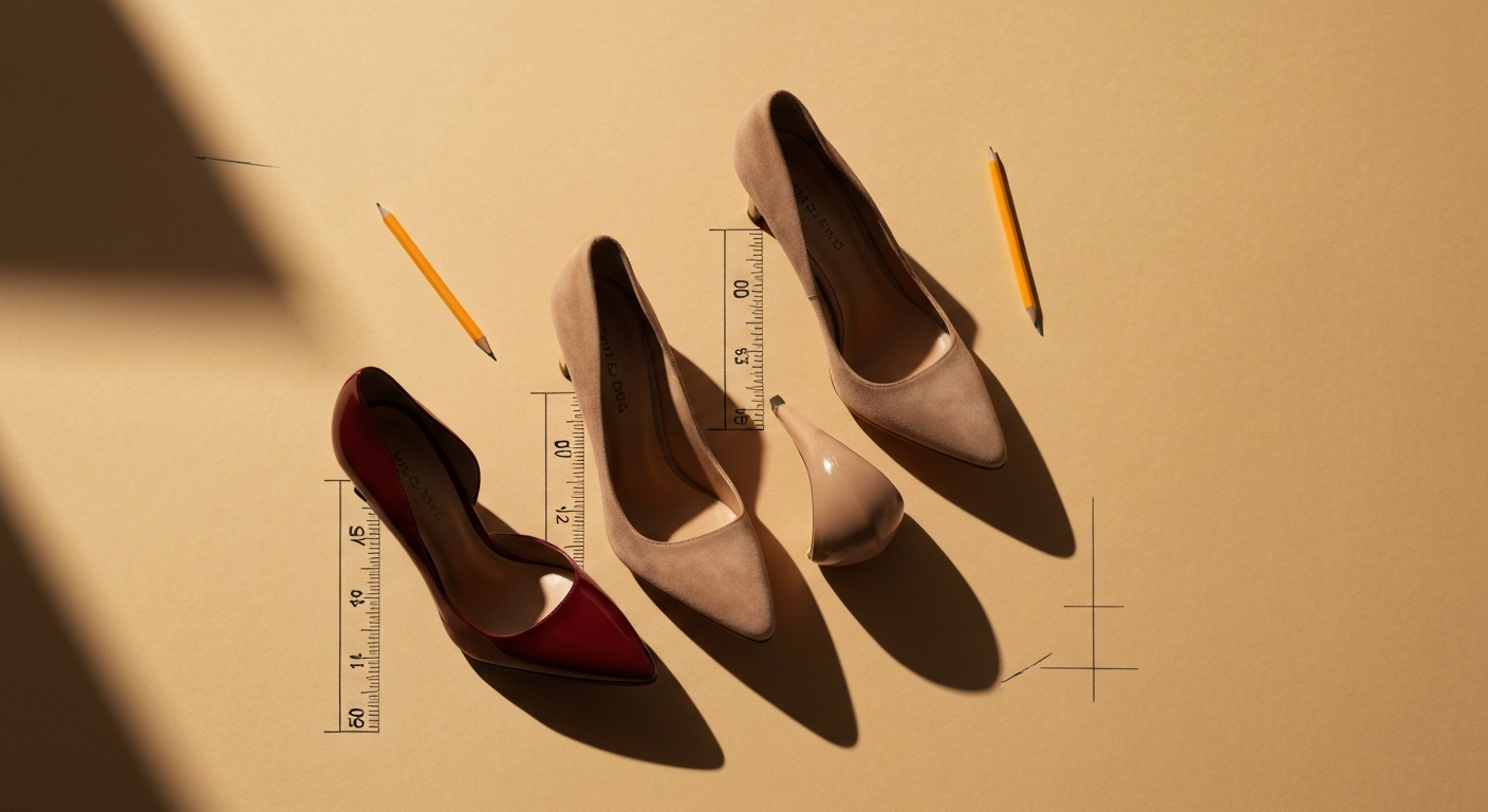 Trois escarpins disposés en planche d'architecte, mesures au crayon