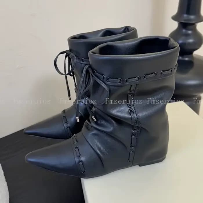 Femmes mi-mollet bottes Style de mode bout pointu plat bottines en cuir à lacets larges bretelles él