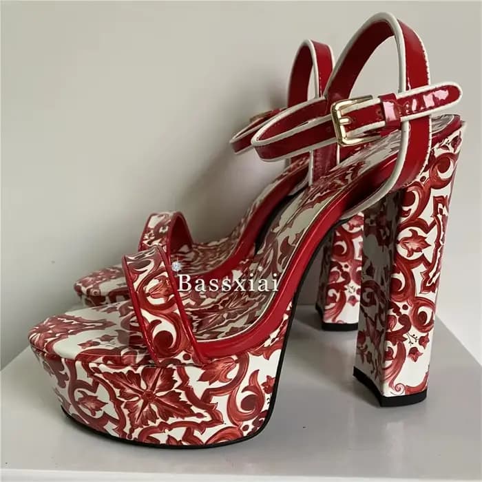 Sandales à talons épais et plateforme haute pour femmes, lanière à la cheville, imprimé floral, chau