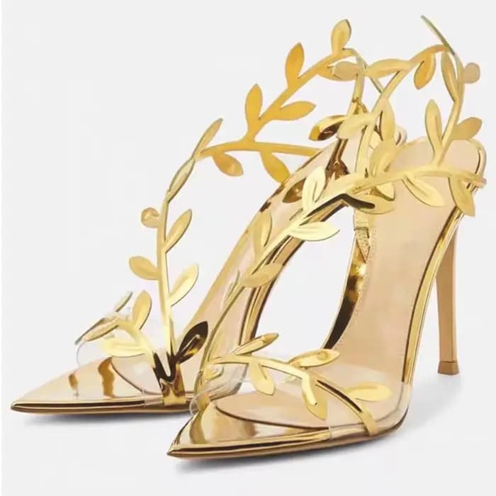 Branches et feuilles dorées entremêlent les talons hauts transparents ! Sandales à talons aiguilles