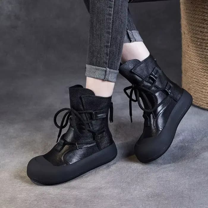 DRKANOL fait à la main rétro romain bottines pour femmes en cuir véritable grosse plate-forme dos fe