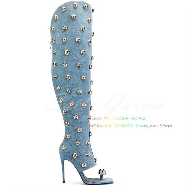 Rivets en métal doré embellissement botte à talons hauts femmes Denim bout carré talon aiguille dos