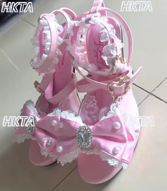 Chaussures princesse Lolita à tête ronde pour femmes, sandales d'été à talons hauts roses avec nœud