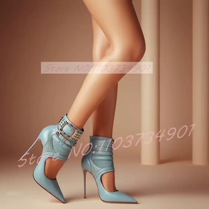 Bottines en cuir bleu pour femmes, sandales découpées avec sangle à boucle cloutée, bout pointu, tal