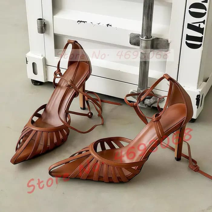 Nouvelles sandales marron à bout pointu pour femme, sexy, à découpes, à talons aiguilles, à lacets c
