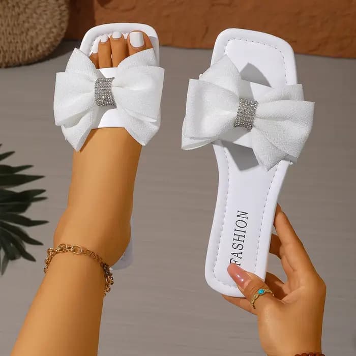 Sandales plates élégantes noires et blanches pour femme, avec nœud, semelles souples en cristal, bou