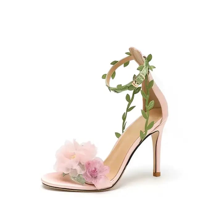 2025 été nouveau bout ouvert talon mince rose fleur fée style boucle avec talons hauts chaussures de