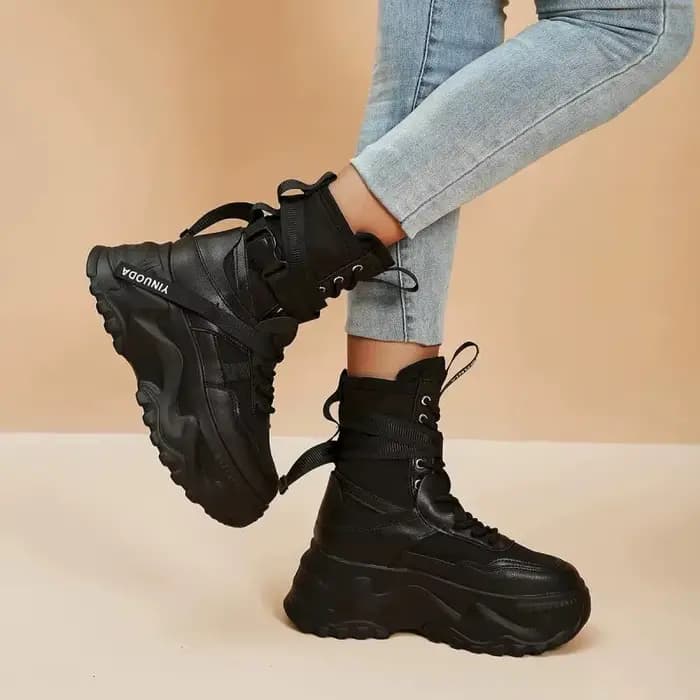 Bottes de moto noires à plateforme épaisse, à lacets, vulcanisées, pour femme, automne hiver 2026, b