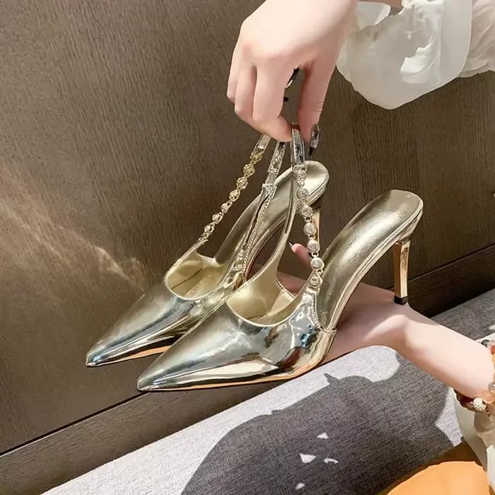 Escarpins argentés brillants à talons hauts pour femmes, sandales en cristal métallique, chaussures