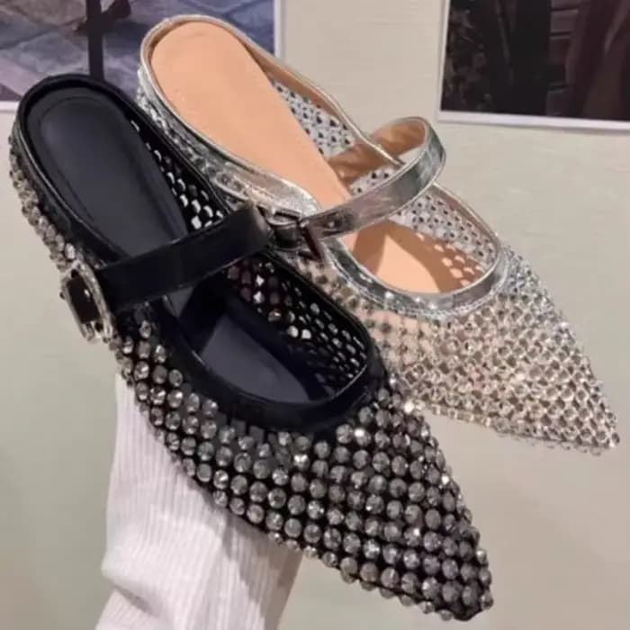 2025 nouveau français Vintage bout pointu boucle en métal strass tête demi pantoufles femmes en plei