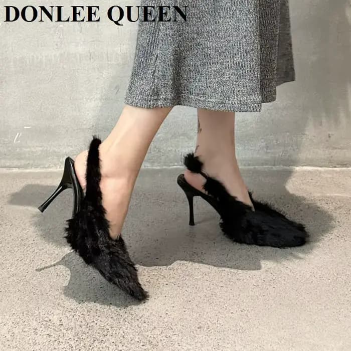 Sandales pointues à bride arrière pour femmes, chaussures à talons hauts, conception de fourrure à e