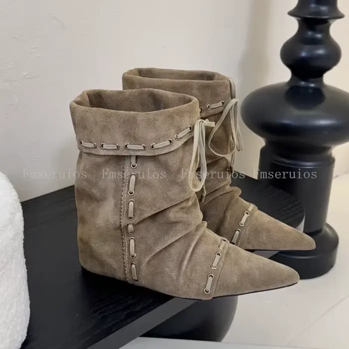 Femmes mi-mollet bottes Style de mode bout pointu plat bottines en cuir à lacets larges bretelles él