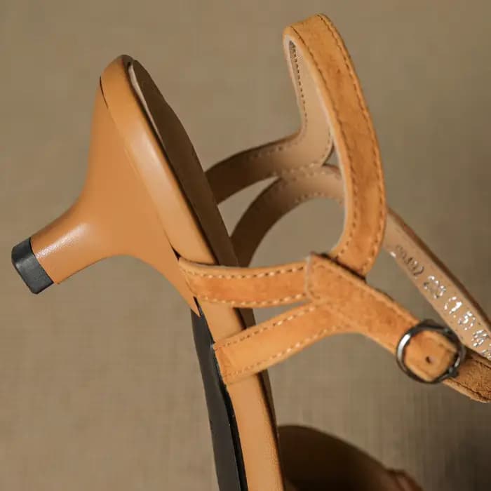 Sandales à lanières de cheville tressées en cuir suédé naturel pour femmes, escarpins d'été à talons