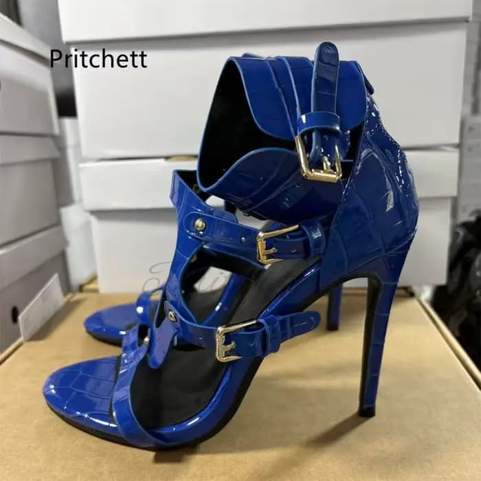 Sandales à talons hauts pour femmes, imprimé crocodile bleu, découpes, bout ouvert, en cuir verni, a