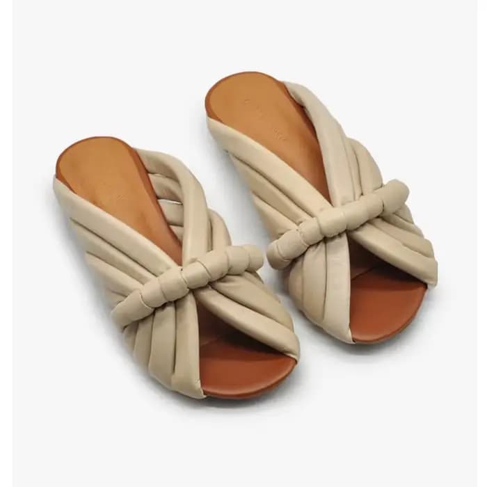 Sandales mules à nœud froncé pour femme, en cuir souple, à bout ouvert, à talon bas, beige et vert,