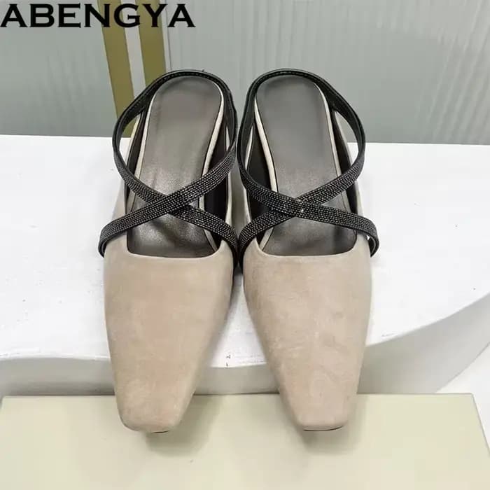 Mules en cuir véritable à talons chaton pour femme, sandales d'été à perles, chaussures de soirée à
