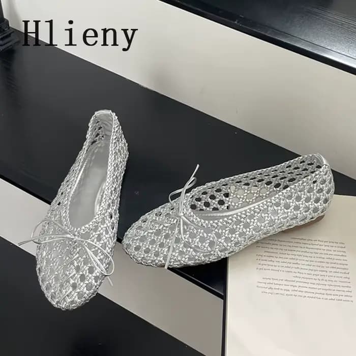 Hlieny tissé à la main maille talons plats femmes mocassins mode papillon noeud bout rond décontract