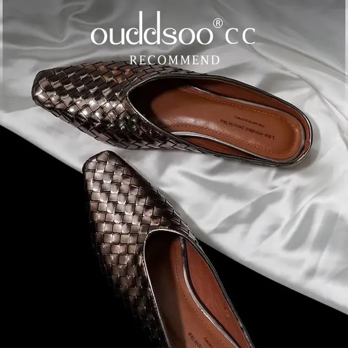 Mules de luxe Ods Gold Silver, pantoufles tissées, bout carré, talon plat, design à enfiler, chaussu