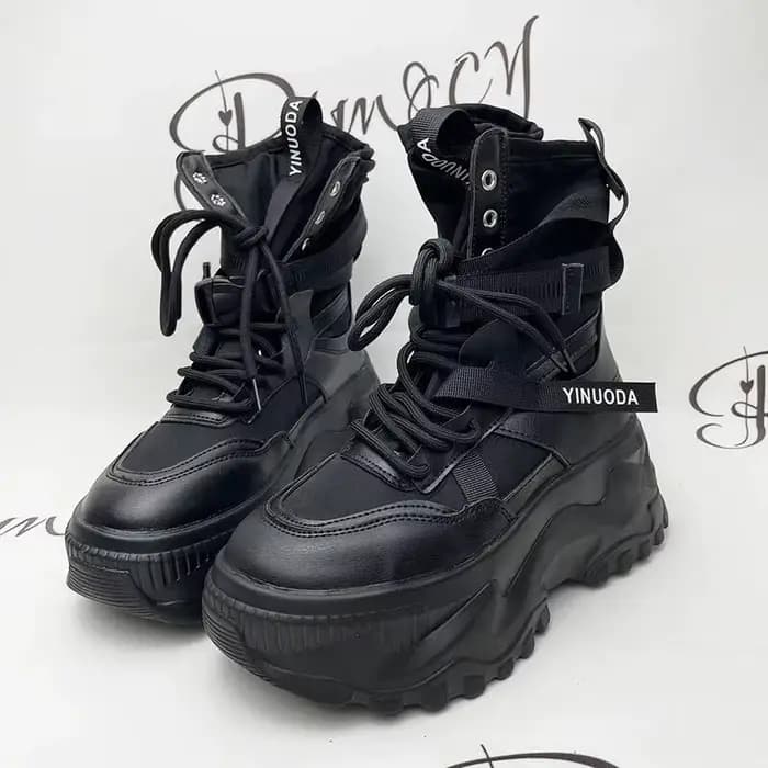 Bottes de moto noires à plateforme épaisse, à lacets, vulcanisées, pour femme, automne hiver 2026, b