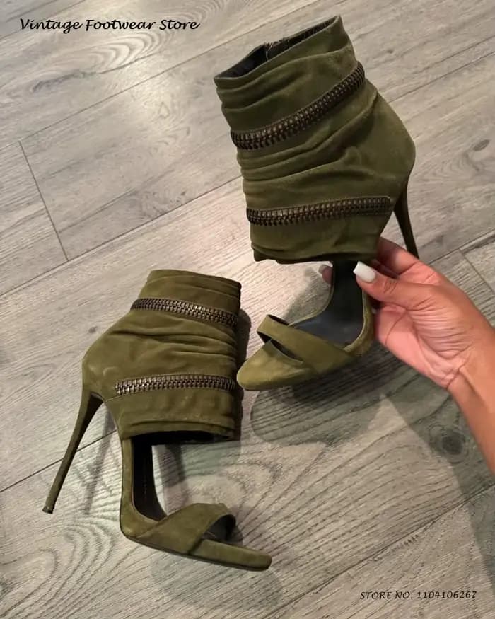 Sandales à talons hauts avec fermeture éclair en daim vert, rétro, bout rond, bout ouvert, talons fi