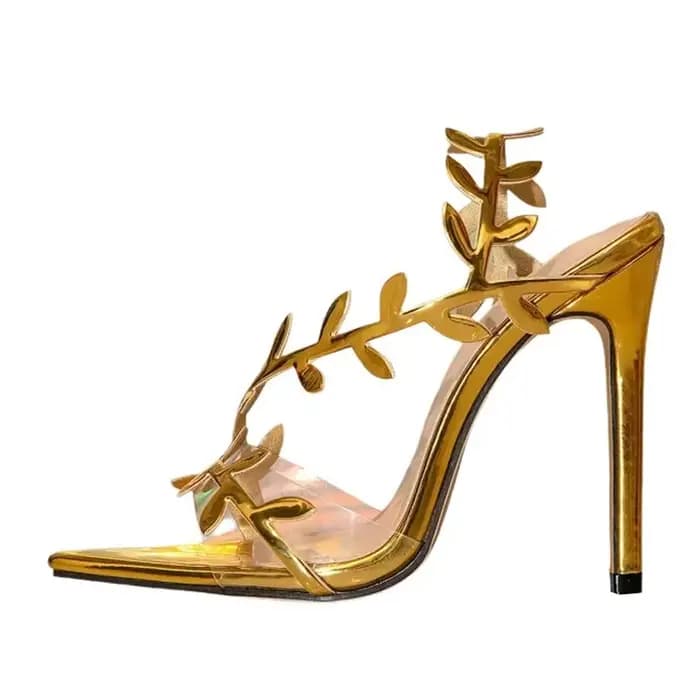 Liyke Design de mode en cuir verni feuille femmes sandales élégant bout pointu or talons hauts chaus