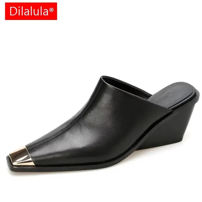 Dilalula 2025 Mules en cuir véritable femmes couvert tête en métal talons épais pantoufles confortab