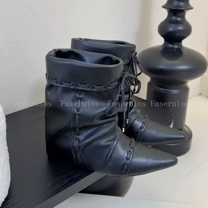 Femmes mi-mollet bottes Style de mode bout pointu plat bottines en cuir à lacets larges bretelles él