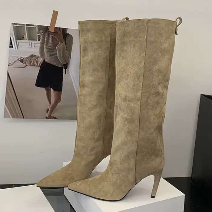 Liyke automne hiver mode mince genou bottes hautes femmes Sexy bout pointu bas talon mince chaussure