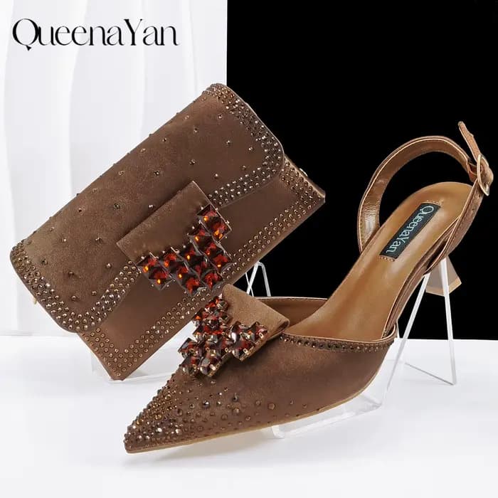 Ensemble chaussures et sac pour femme QueenaYan2026, nouveau modèle élégant, couleur café, bout poin