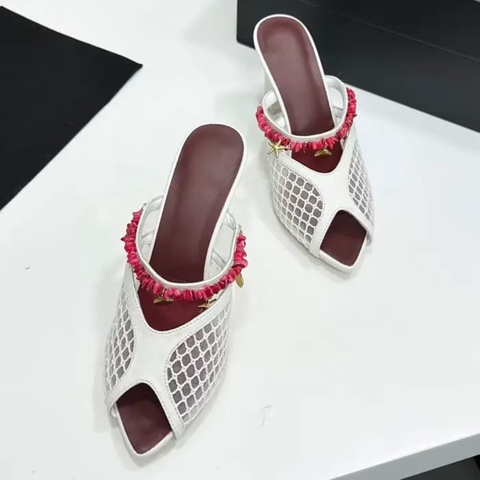 Mules à talon carré en maille perlée pour femme 2026, sandales d'été à bout pointu et ouvert YYT2604