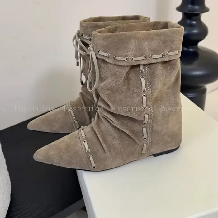 Femmes mi-mollet bottes Style de mode bout pointu plat bottines en cuir à lacets larges bretelles él