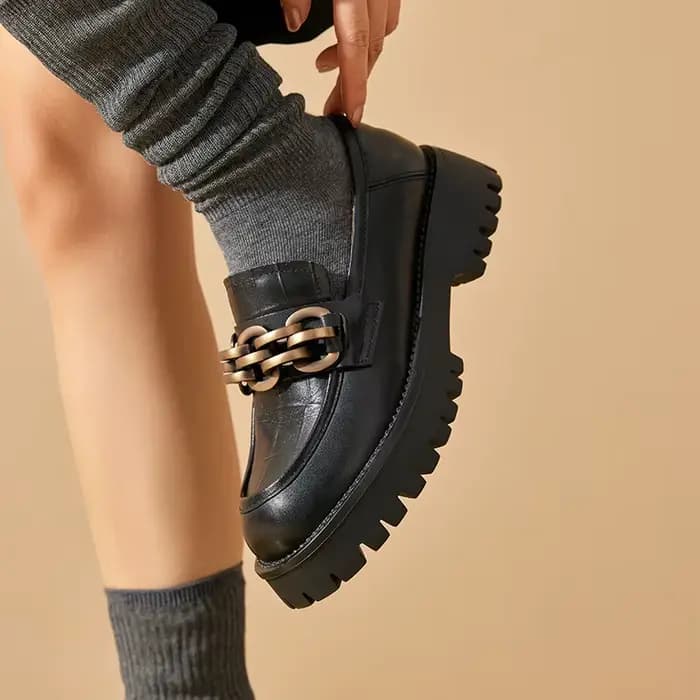 BeauToday-Mocassins épais en cuir véritable pour femme, chaussures à plateforme ronde en métal JOSli