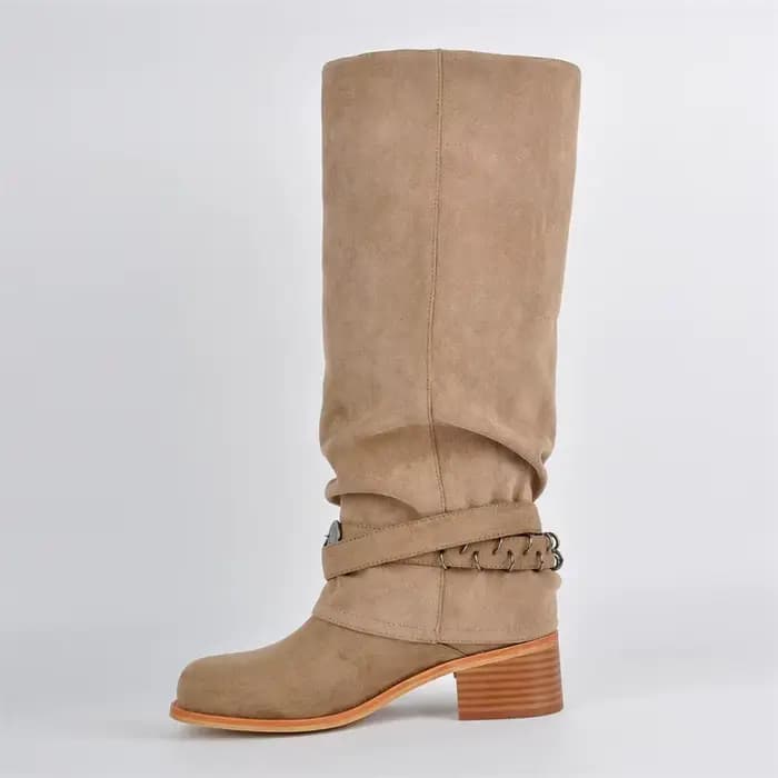 Onlymaker femmes bout rond frange plissée pli sur les bottes hautes talon bloc bottes de mode