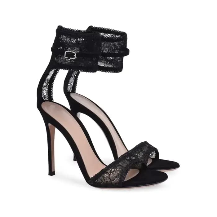 Sandales à talons hauts en dentelle extensible noire, chaussures habillées en résille dorée, lanière