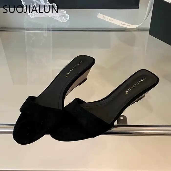 SUOJIALUN 2025 été nouvelles femmes pantoufle mode bas talon compensé dames élégantes diapositives b