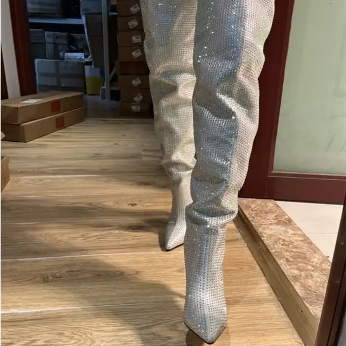 Cuissardes brillantes argentées pour femmes, tout diamant, talon fin, modèle pointu sexy, mode autom