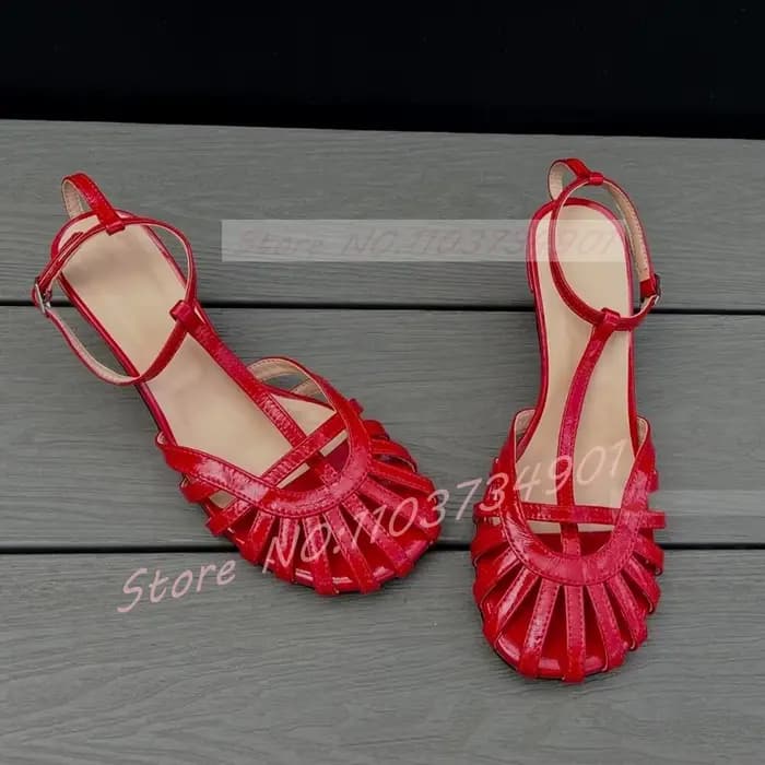 Sandales à bout fermé rouges pour femmes, sexy, à bride en T, bout rond, à bride cheville, talons ha