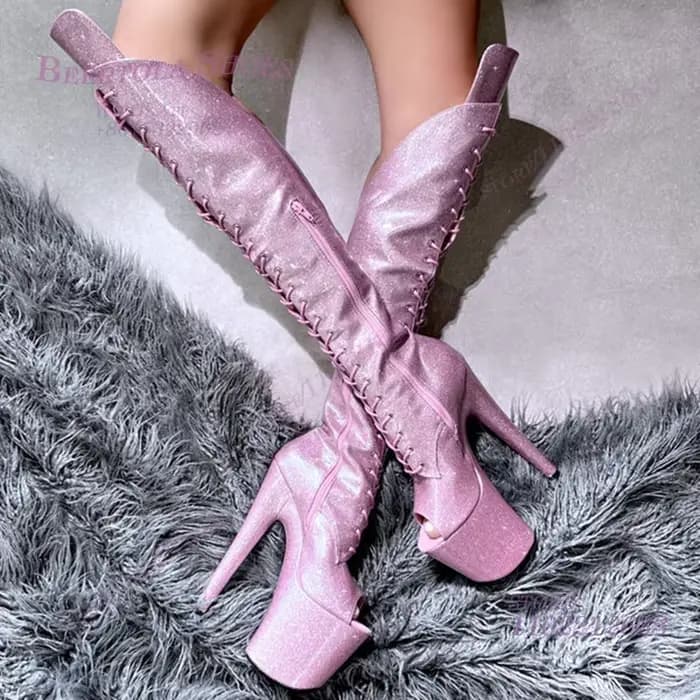Cuir brillant nuit filles violet Sexy bottes au genou talons ouverts plate-forme noire Peep Toe 20Cm